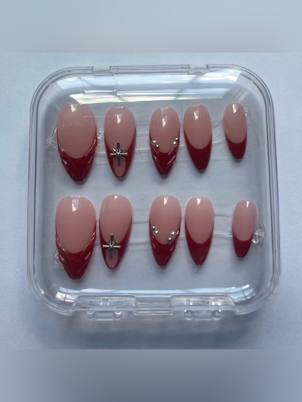 Nude Pink and Deep Red Stiletto Press-On Nail Set with Rhinestone Accents